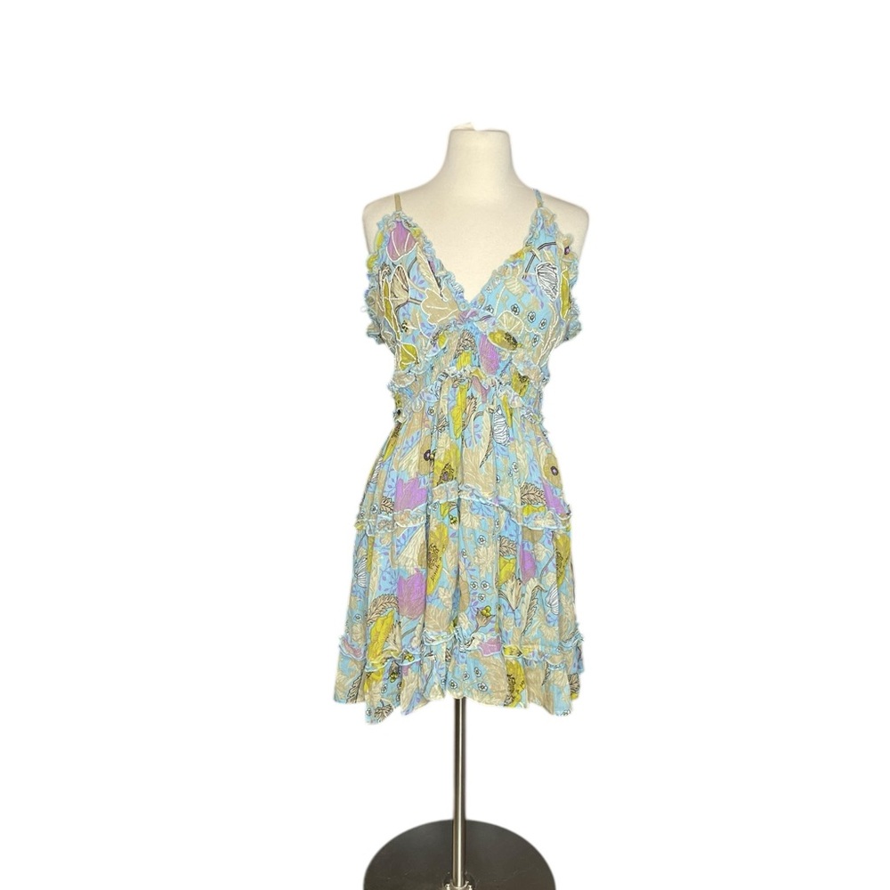 Anthropologie Barok Paris Kitsch & Pop Blue Green Ruched Beaded Mini Sundress